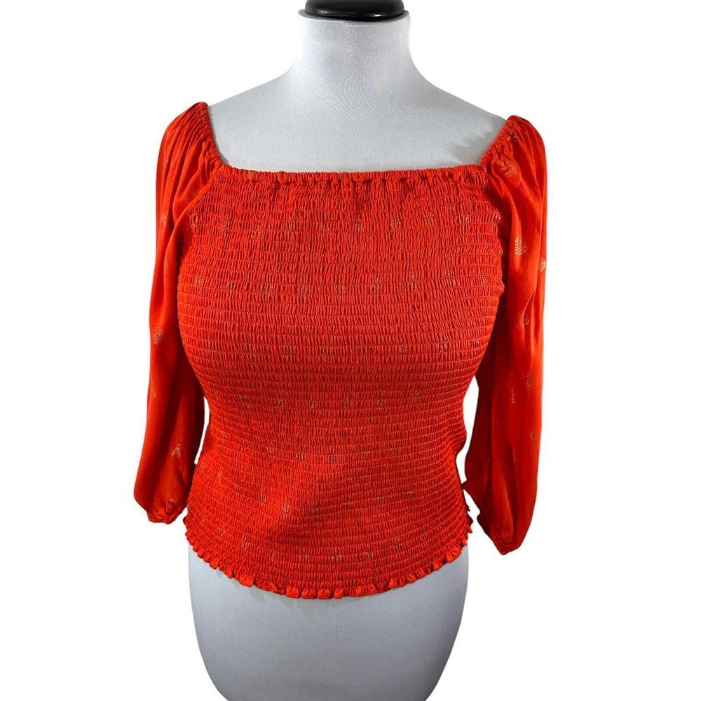 Belldini Womens SZ L Fitted Rayon Puffed sleeves Stretchy Top‎ Orange Gold NEW